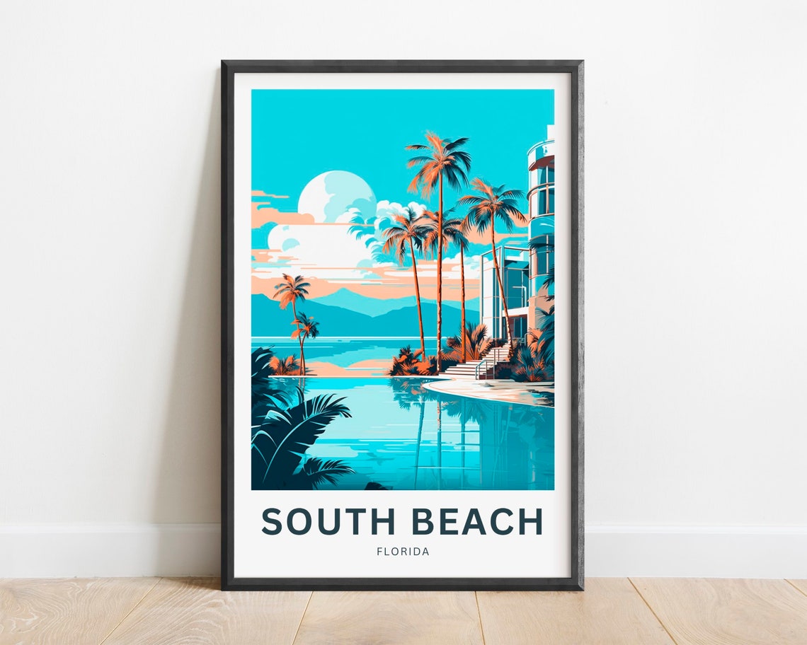 South Beach Florida Palm Tree Poolside Retro Illustrated Poster