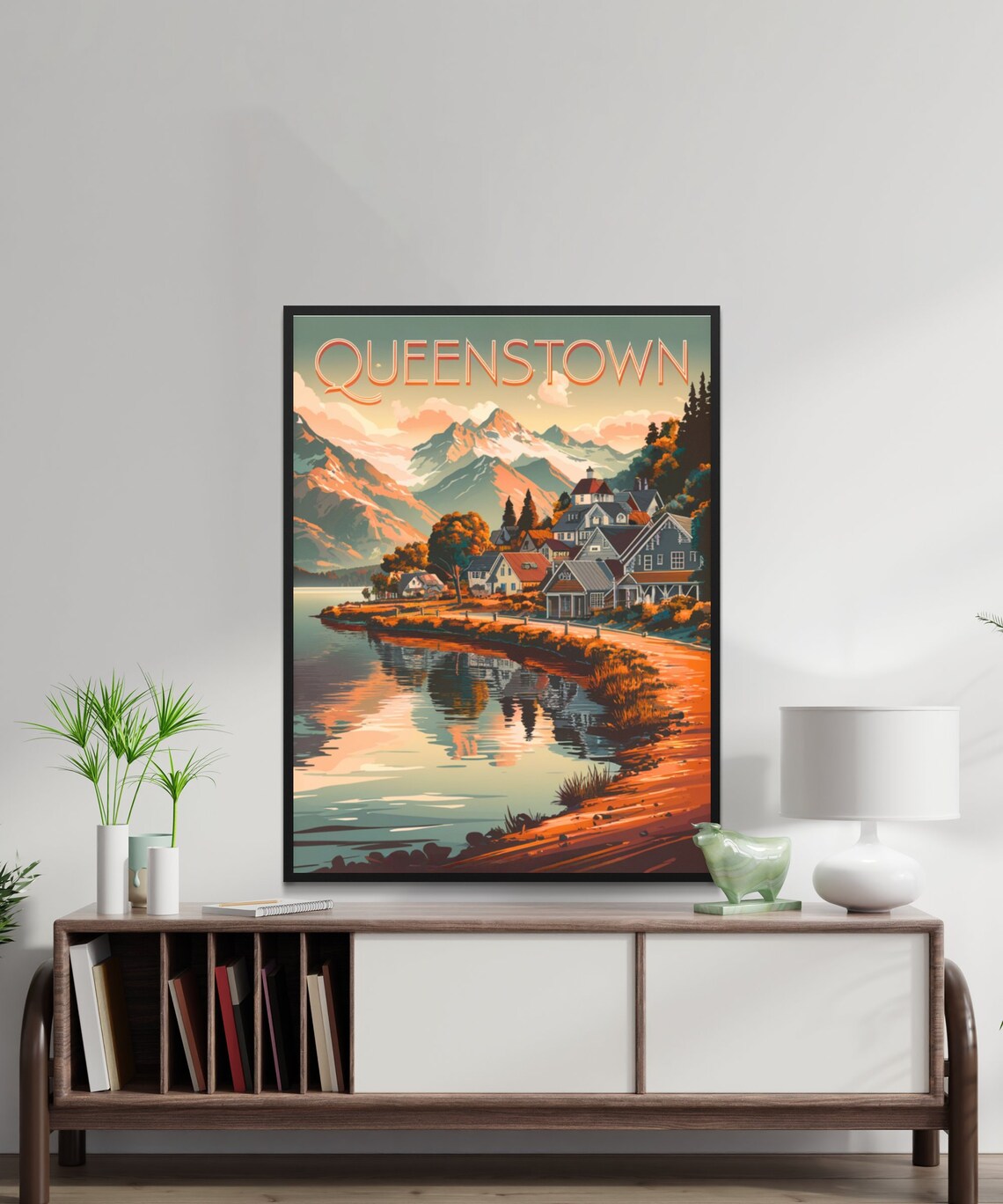 Queenstown New Zealand Vintage Lakeside Town Reflection Poster - Image 2