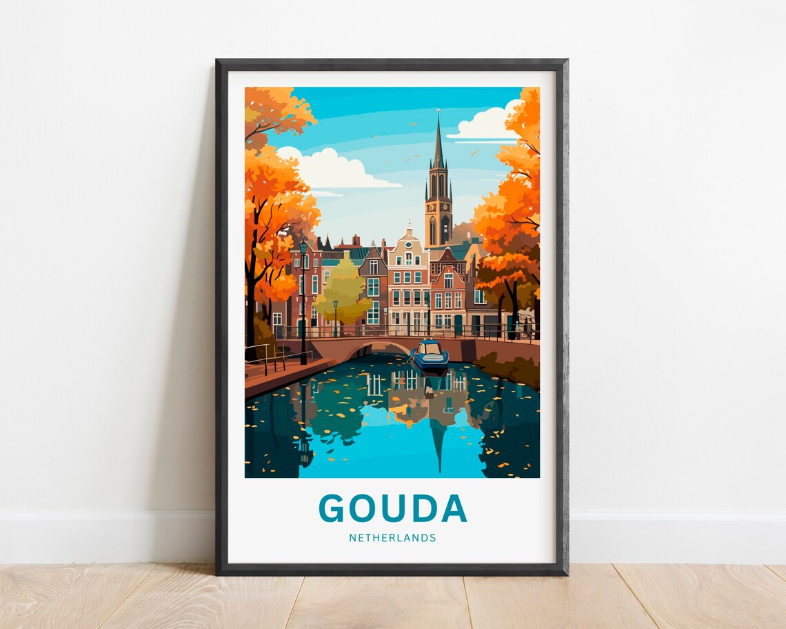 Gouda Netherlands Autumn Canal Church Scenic Vintage Travel Poster