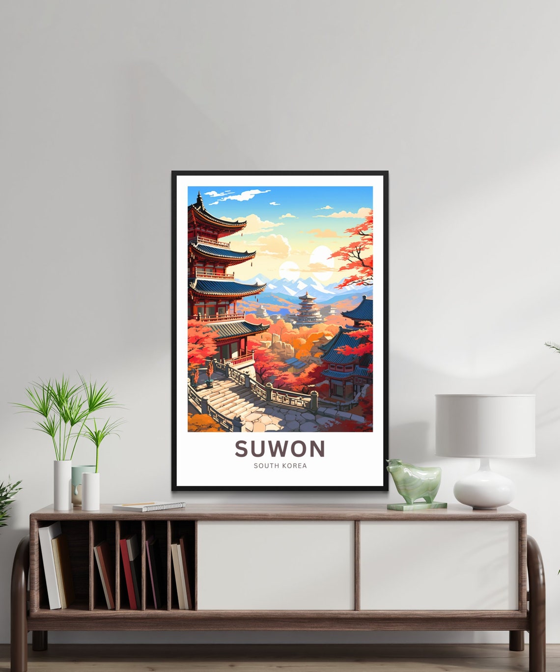 Suwon South Korea Autumn Maple Temple Pagoda Sunset Travel Poster - Image 2