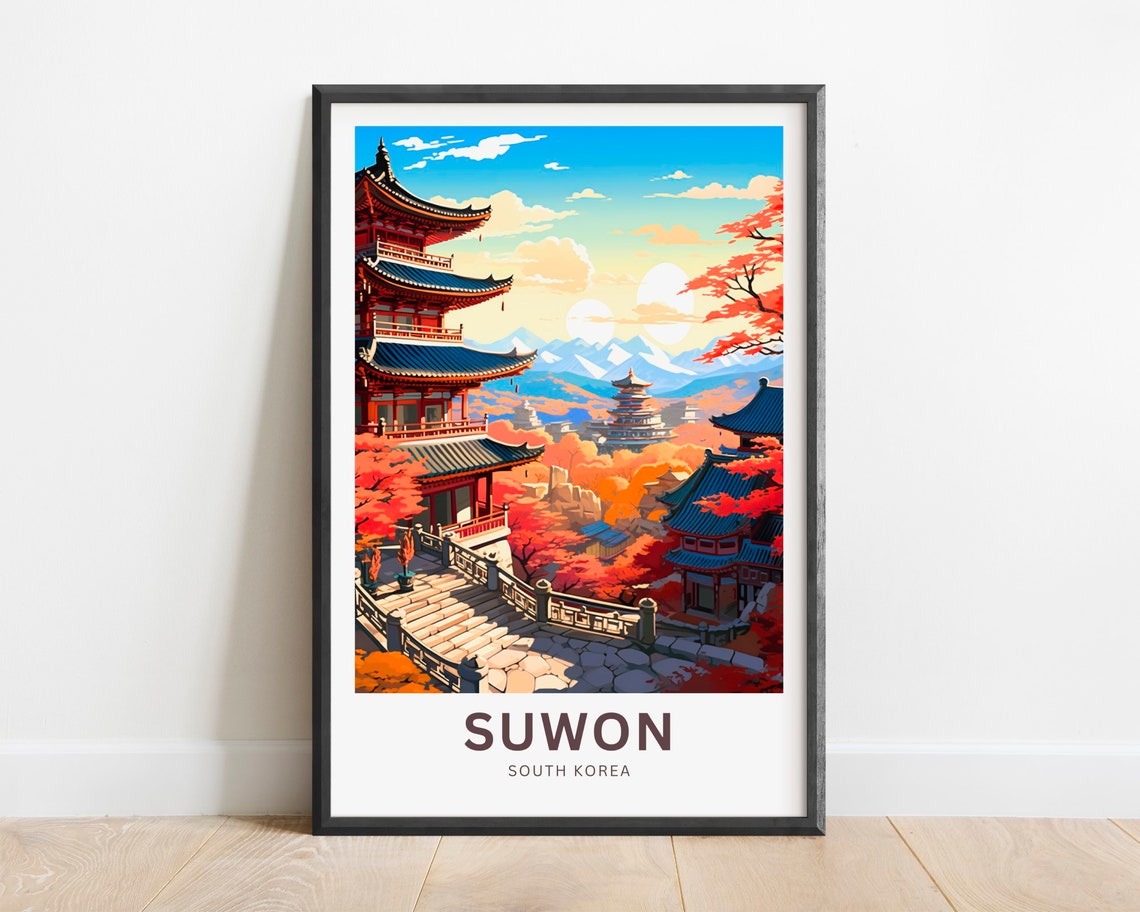 Suwon South Korea Autumn Maple Temple Pagoda Sunset Travel Poster