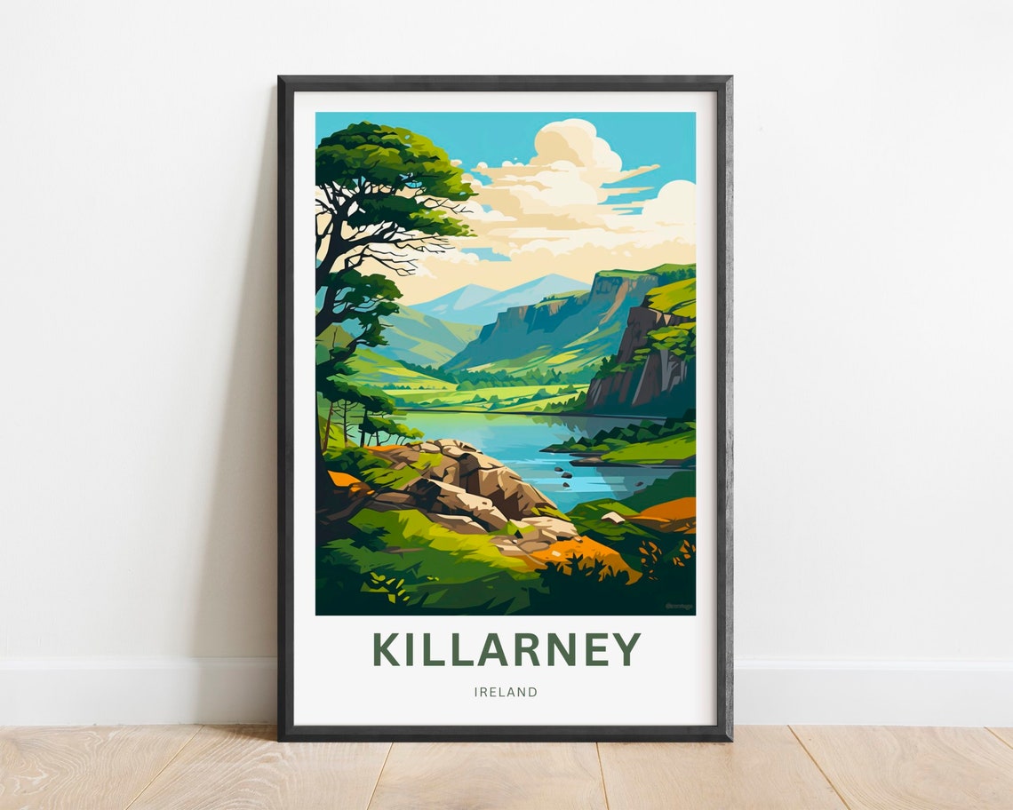Killarney Ireland Emerald Lake Green Valley Cliffs Travel Poster