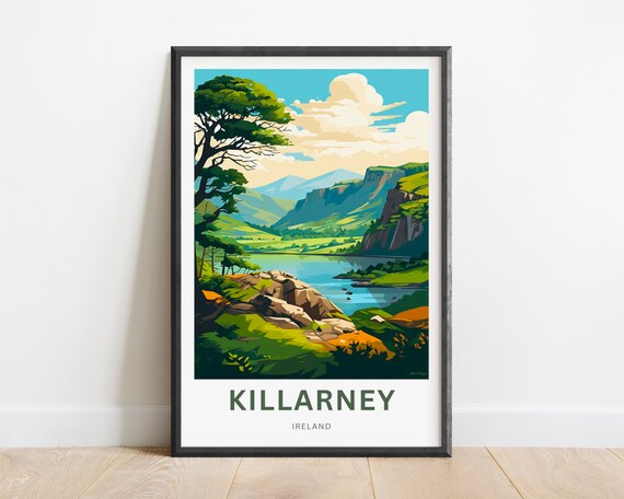 Killarney Ireland Emerald Lake Green Valley Cliffs Travel Poster
