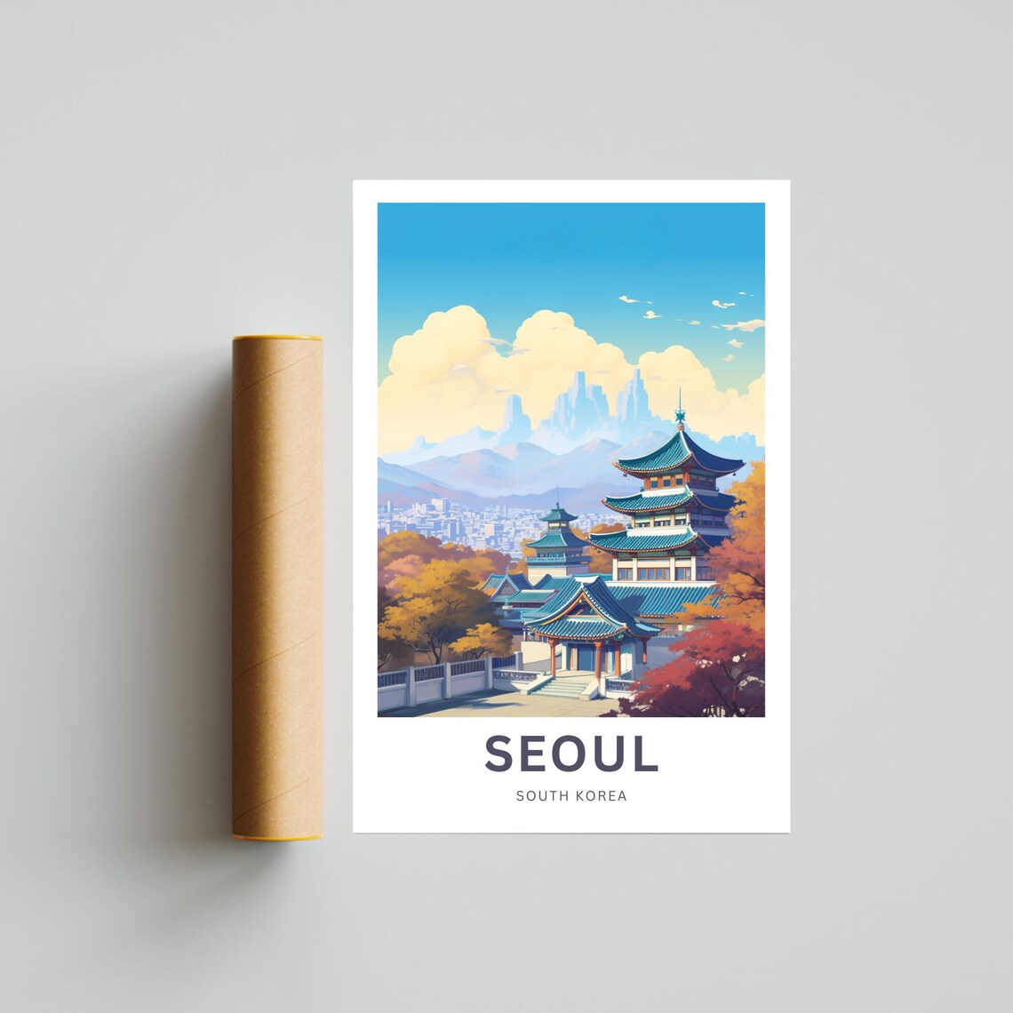 Seoul South Korea Temple Pagoda Autumn Vintage Retro Travel Poster - Image 4