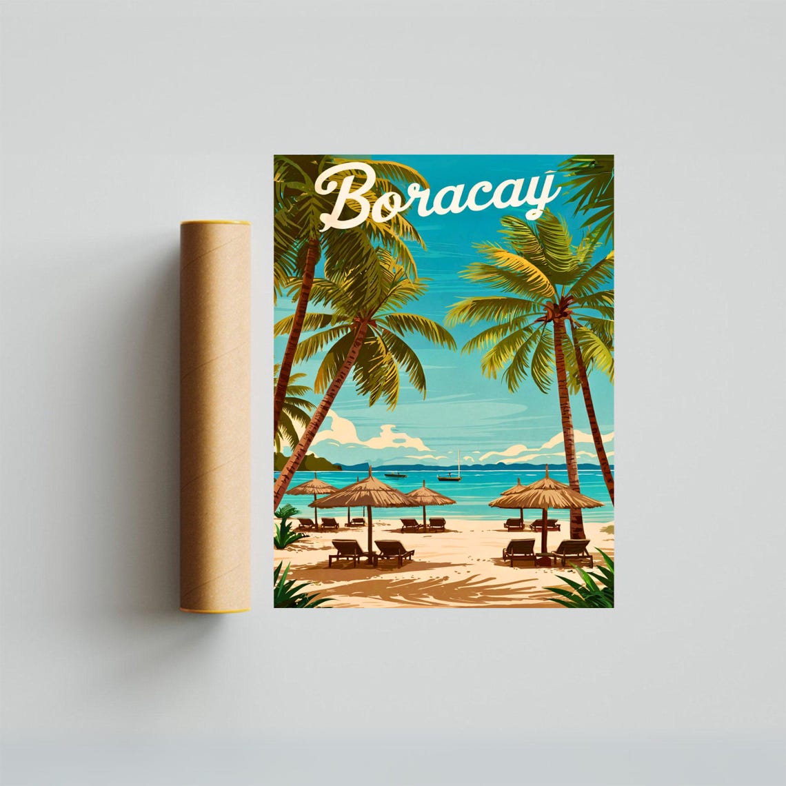 Boracay Philippines Vintage Palm Beach Umbrella Retro Travel Poster - Image 3