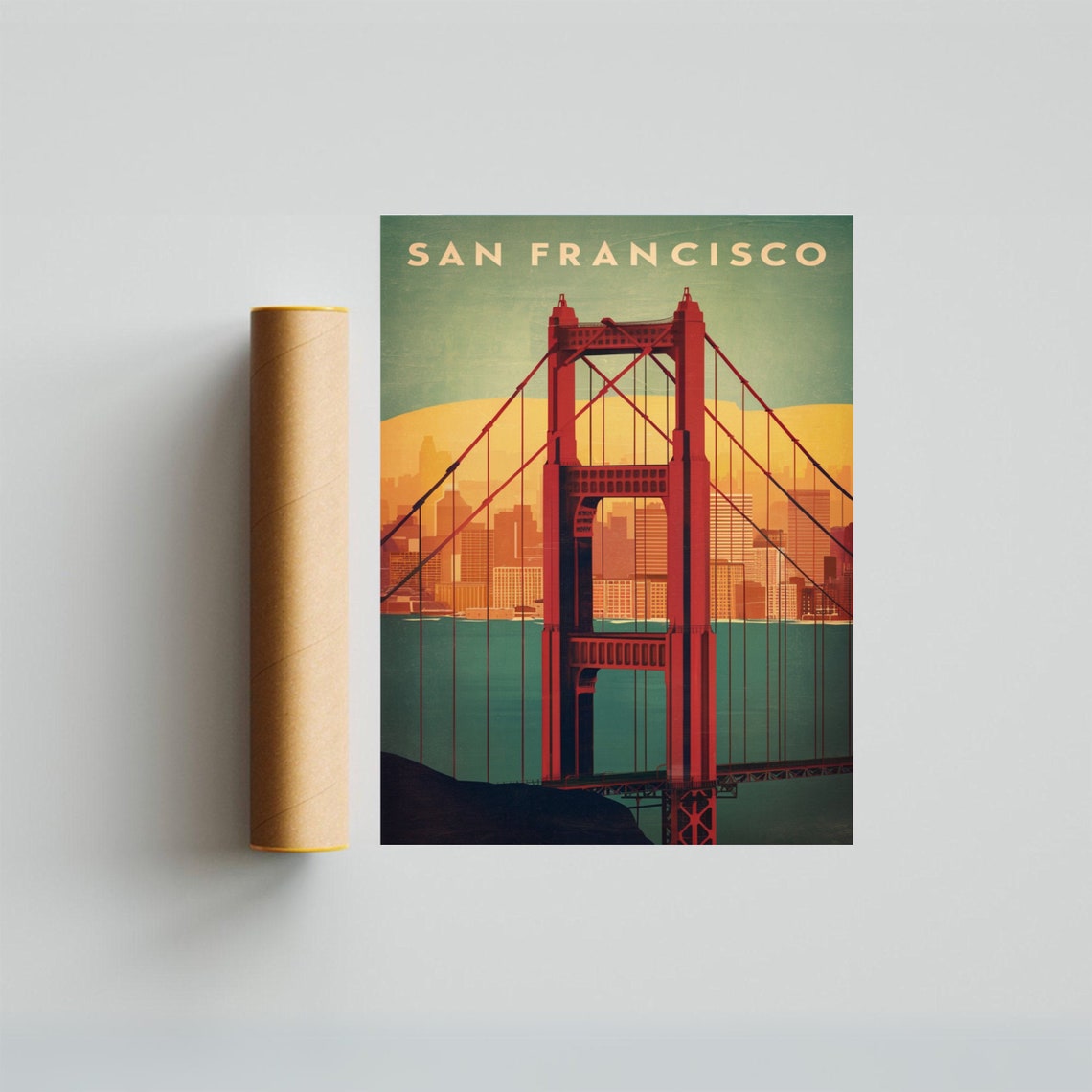San Francisco Golden Gate Bridge Vintage Poster with City Skyline View - Image 3