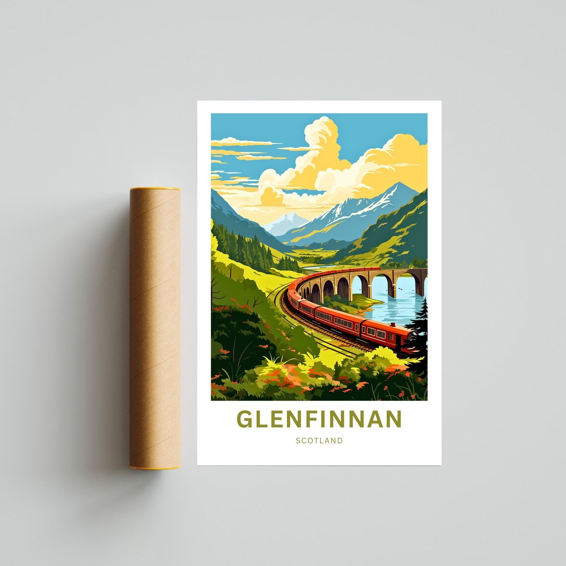 Glenfinnan Scotland Golden Sky Red Train Over Lakeside Viaduct Poster - Image 4