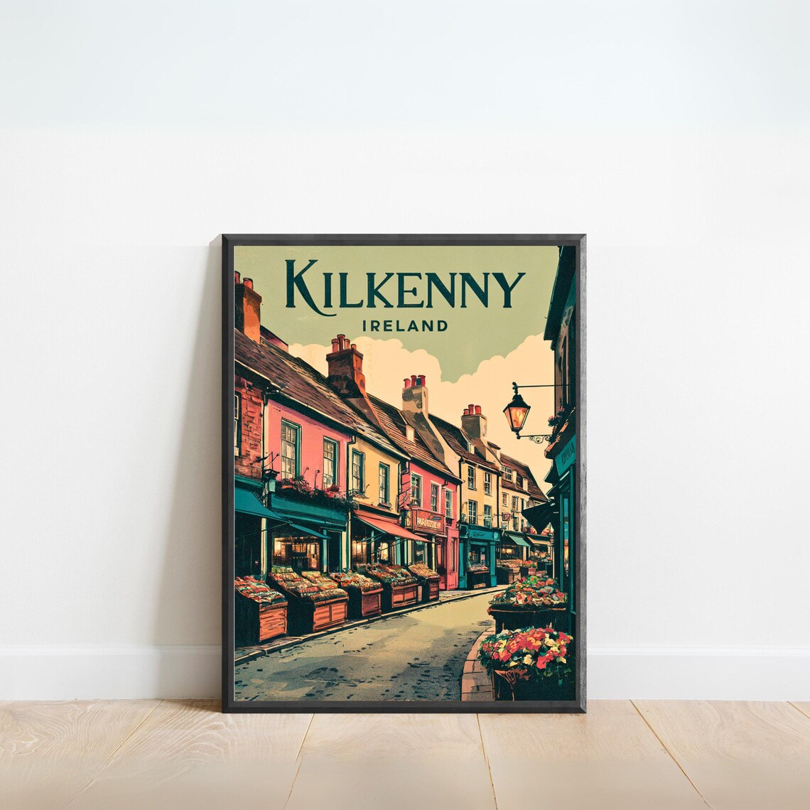 Kilkenny Ireland Charming Market Street Flower Stalls Travel Poster