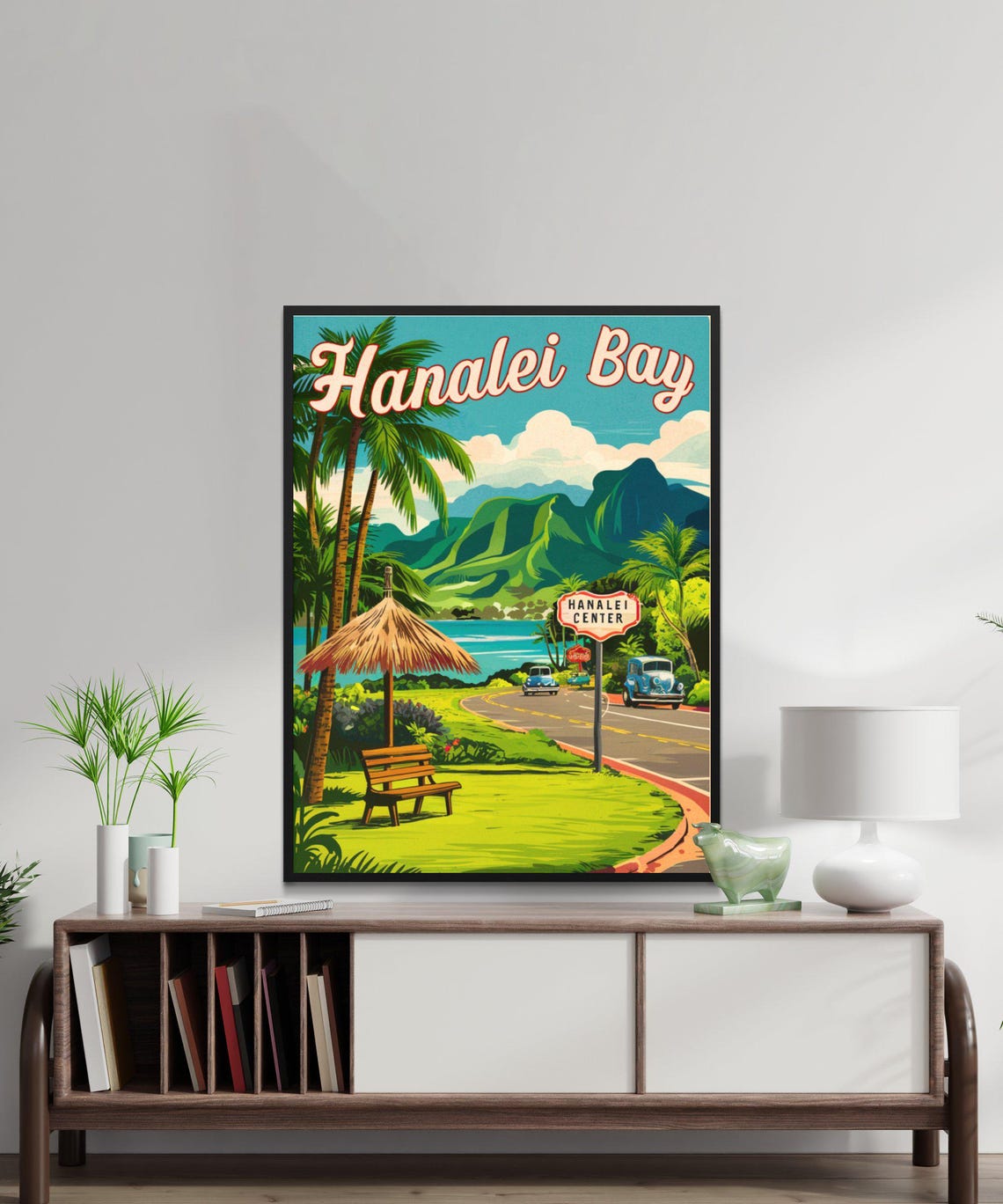 Hanalei Bay Hawaii Palm Roadside Scene Vintage Travel Poster - Image 2