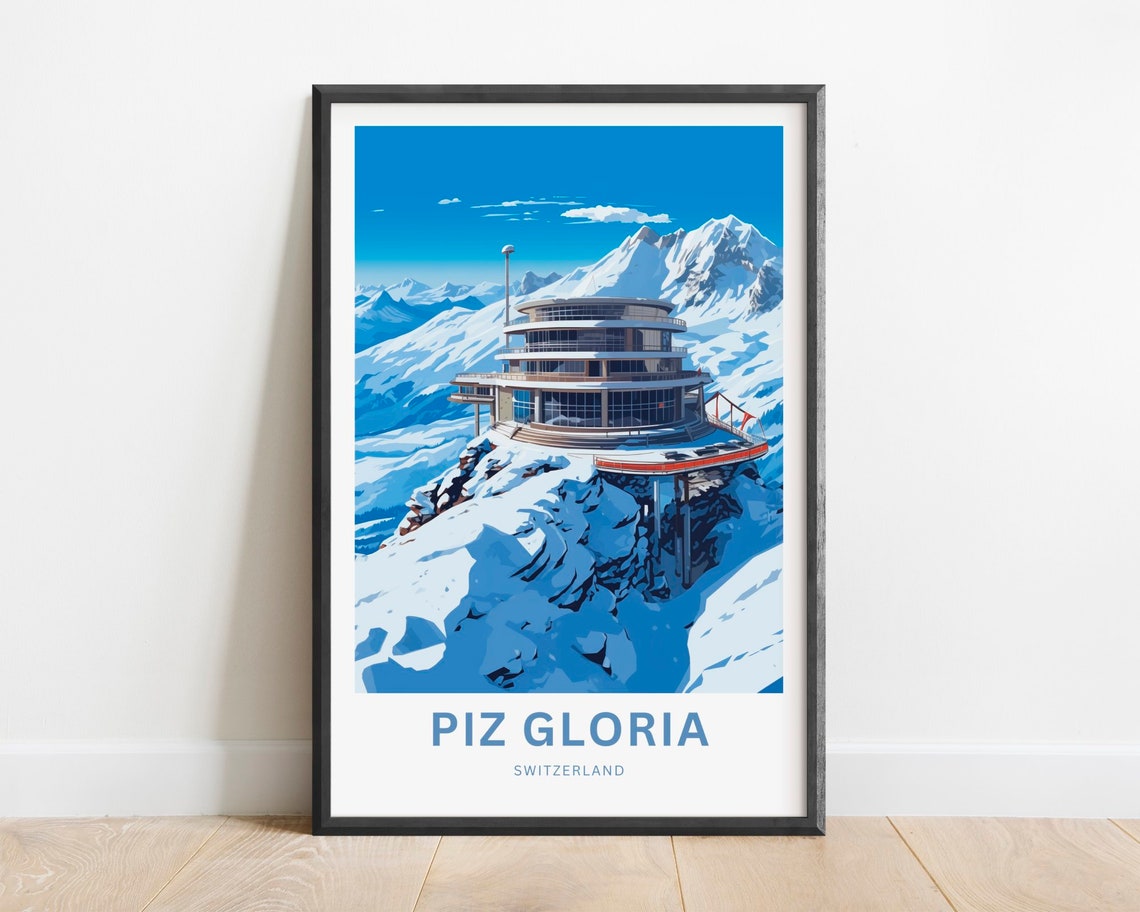 Piz Gloria Switzerland Snowy Summit Building Retro Travel Poster