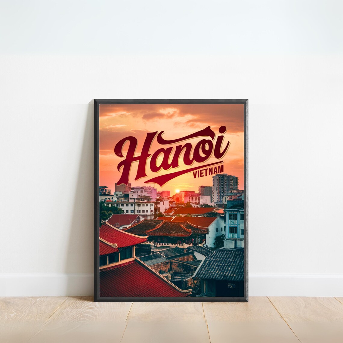 Hanoi Vietnam Travel Poster with Sunset Cityscape and Rooftop Views