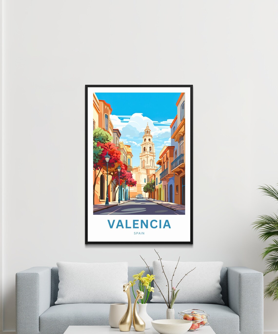 Valencia Spain Colorful Street Church Tower Illustration Poster - Image 3