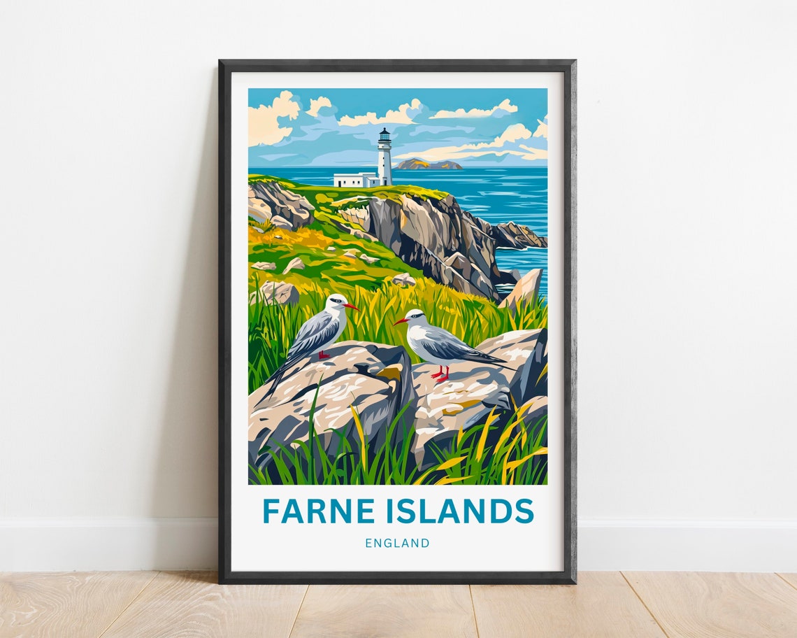 Farne Islands England Lighthouse Terns Modern Seaside Travel Poster