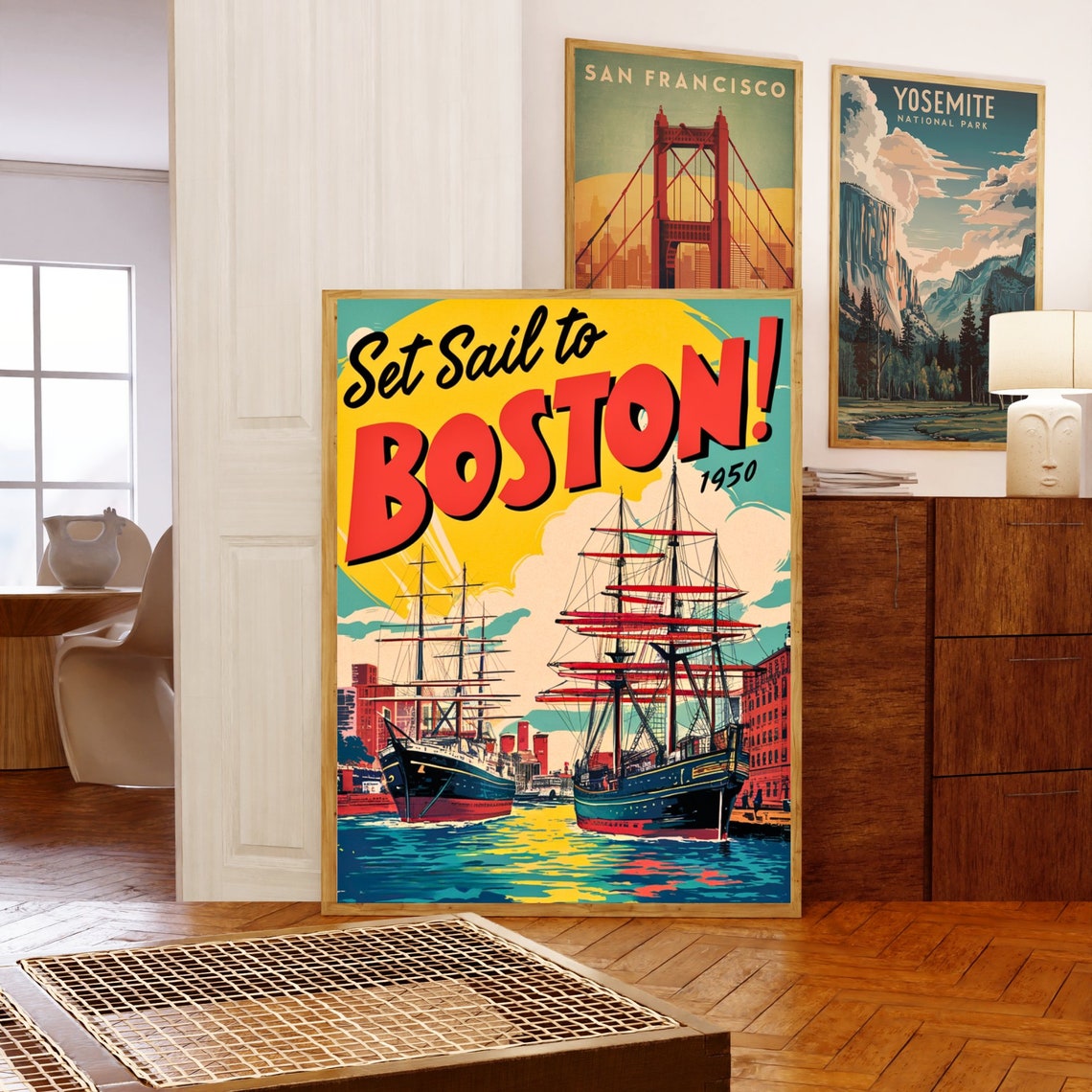 Set Sail to Boston 1950 Tall Ships Harbor Vintage Retro Travel Poster - Image 5