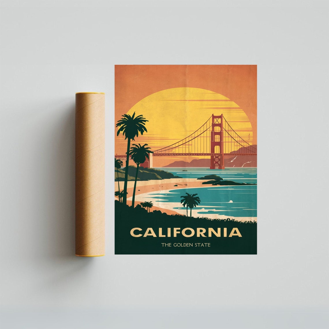 California Golden Gate Bridge Sunset Palm Trees Travel Poster - Image 3