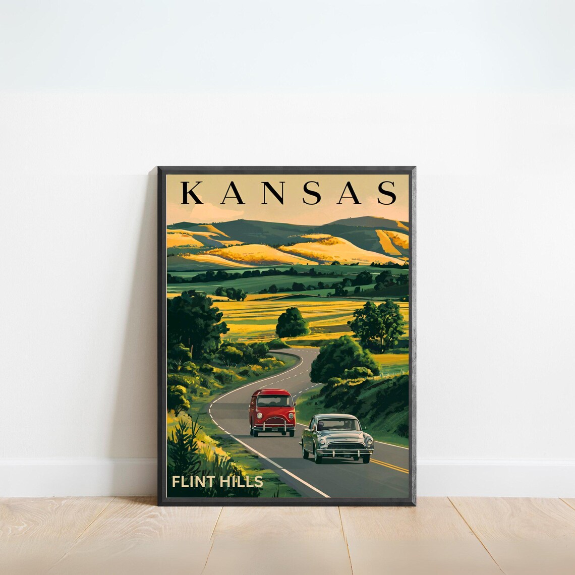 Kansas Flint Hills Road Trip Classic Cars Vintage Travel Poster