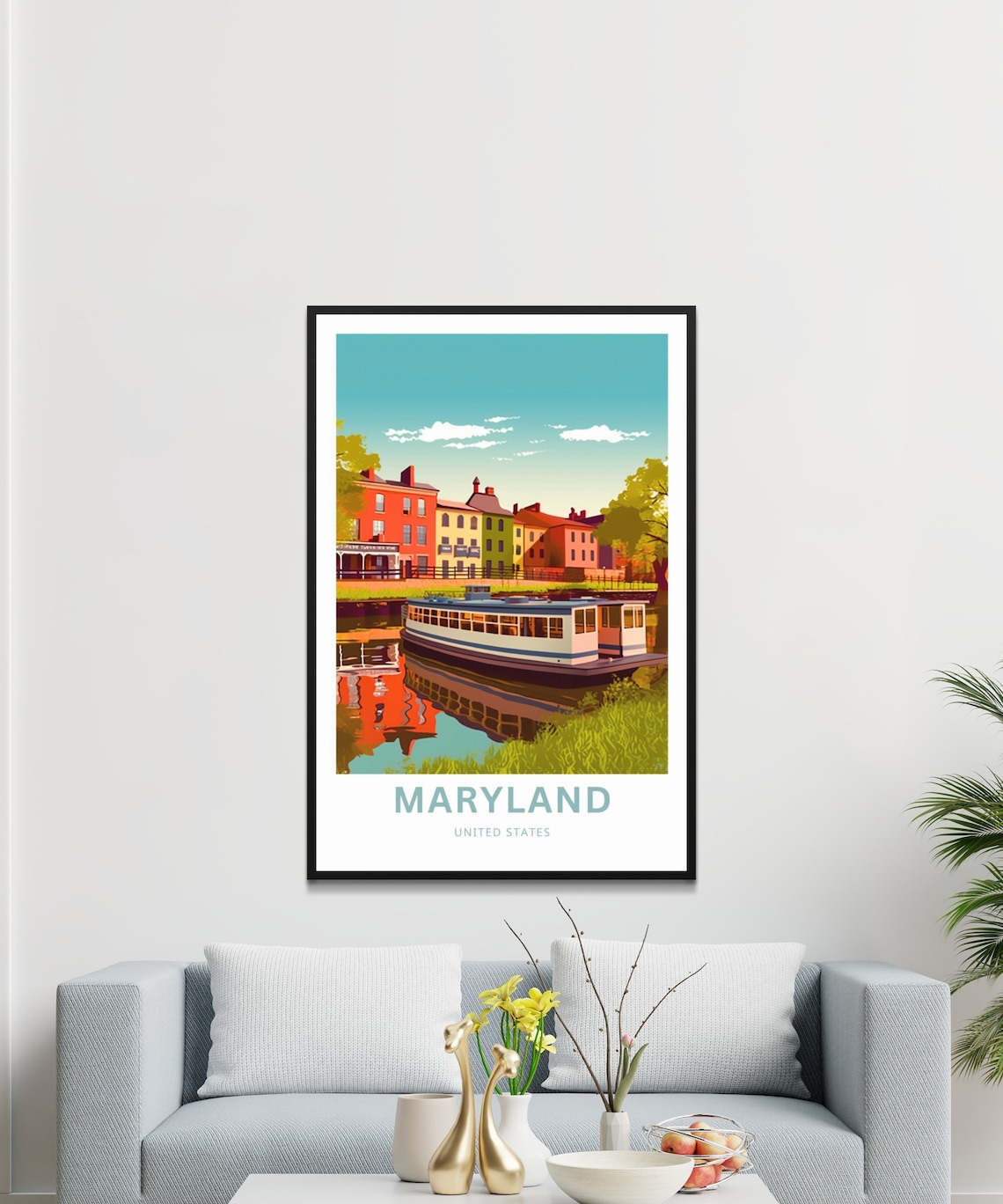 Maryland Personalized Travel Poster with Canal Boat and Rowhouses - Image 3