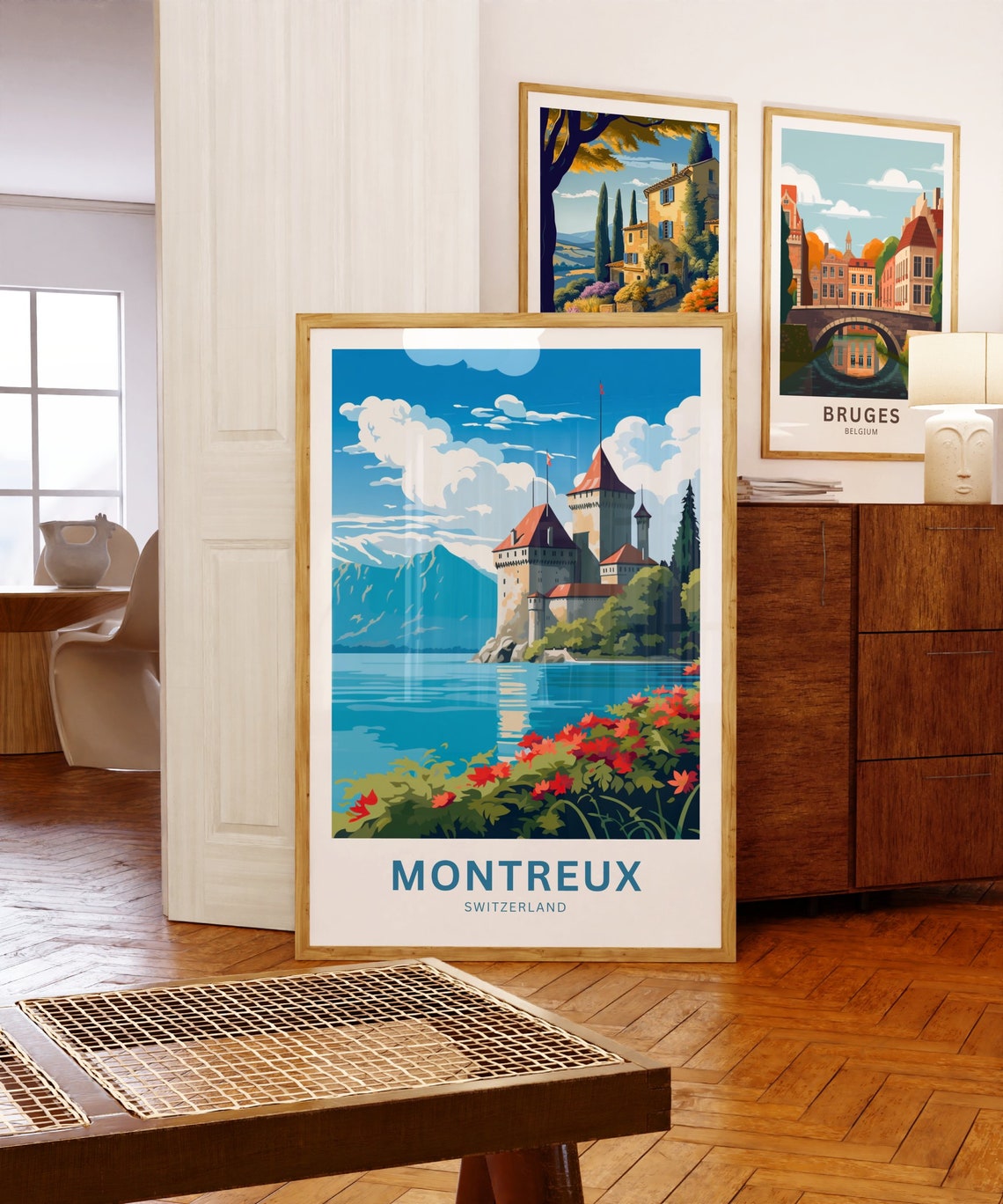 Montreux Switzerland Lakeside Castle Red Flowers Custom Travel Poster - Image 5