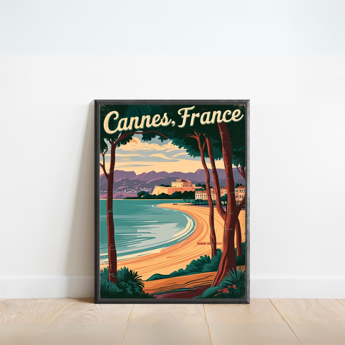 Cannes France Vintage Curved Beach Pine Trees French Riviera Poster