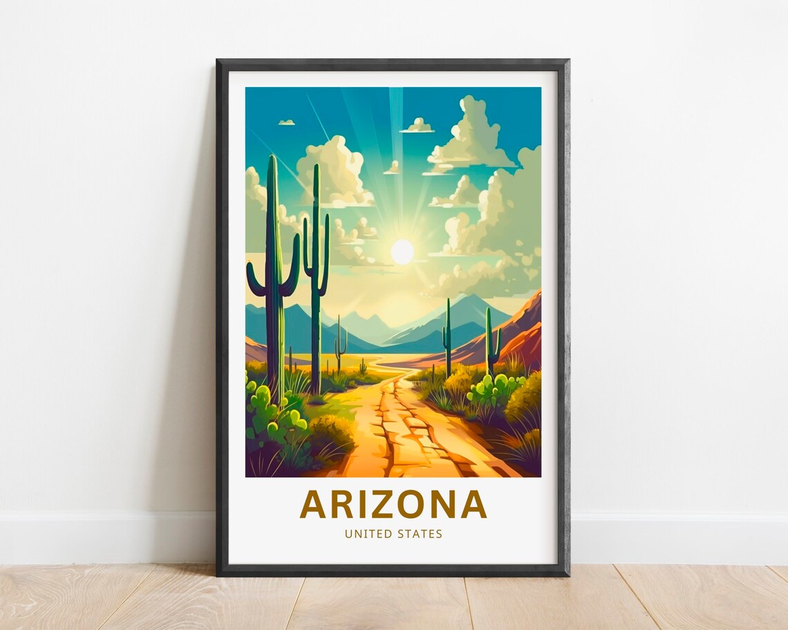 Arizona Desert Sunrise Saguaro Cactus Trail Vintage Travel Poster