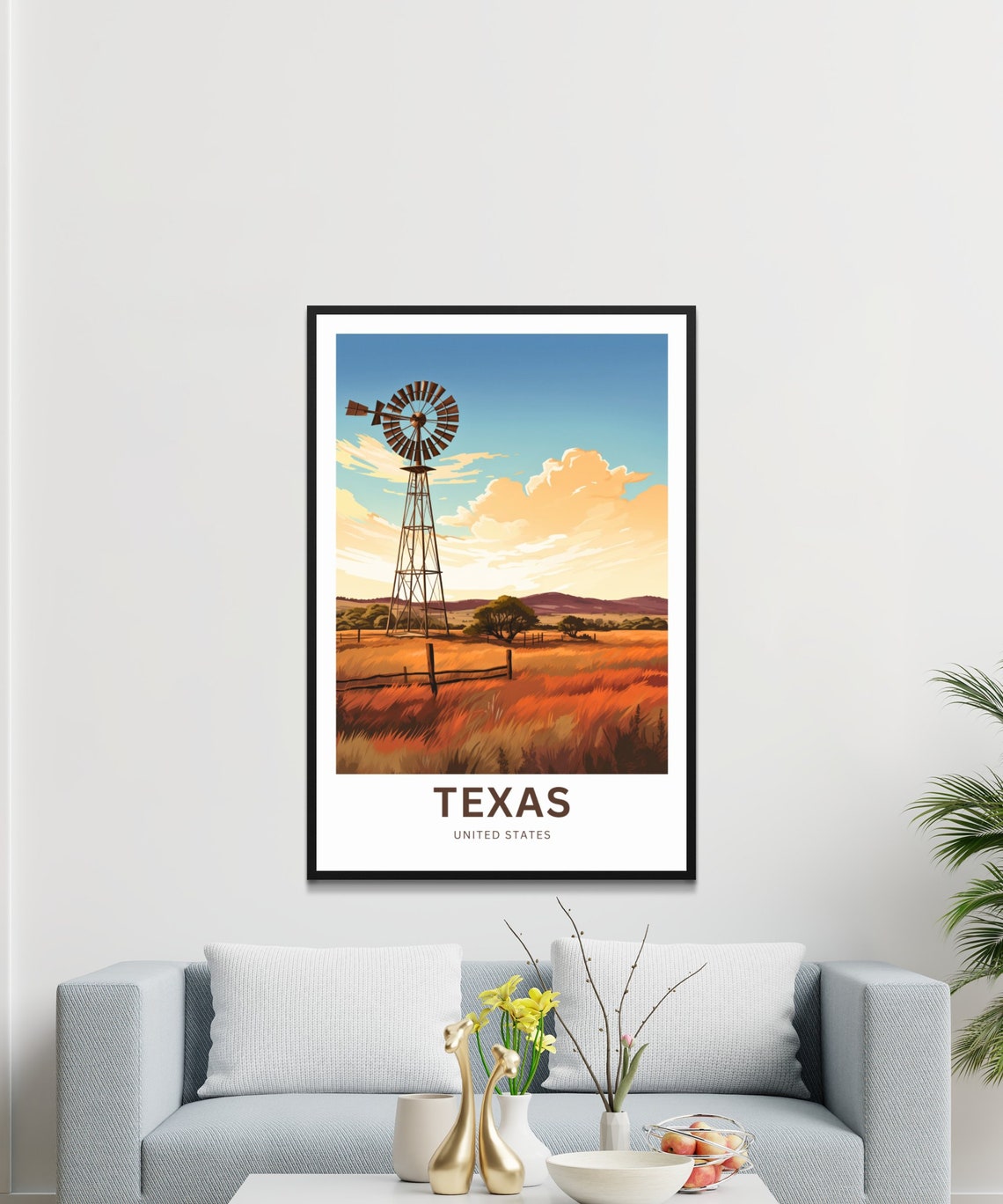 Texas Windmill Over Wheat Field Blue Sky Country Landscape Poster - Image 3