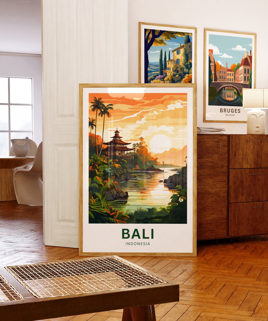 Bali Indonesia Sunset Temple Palm River Landscape Travel Poster - Image 5