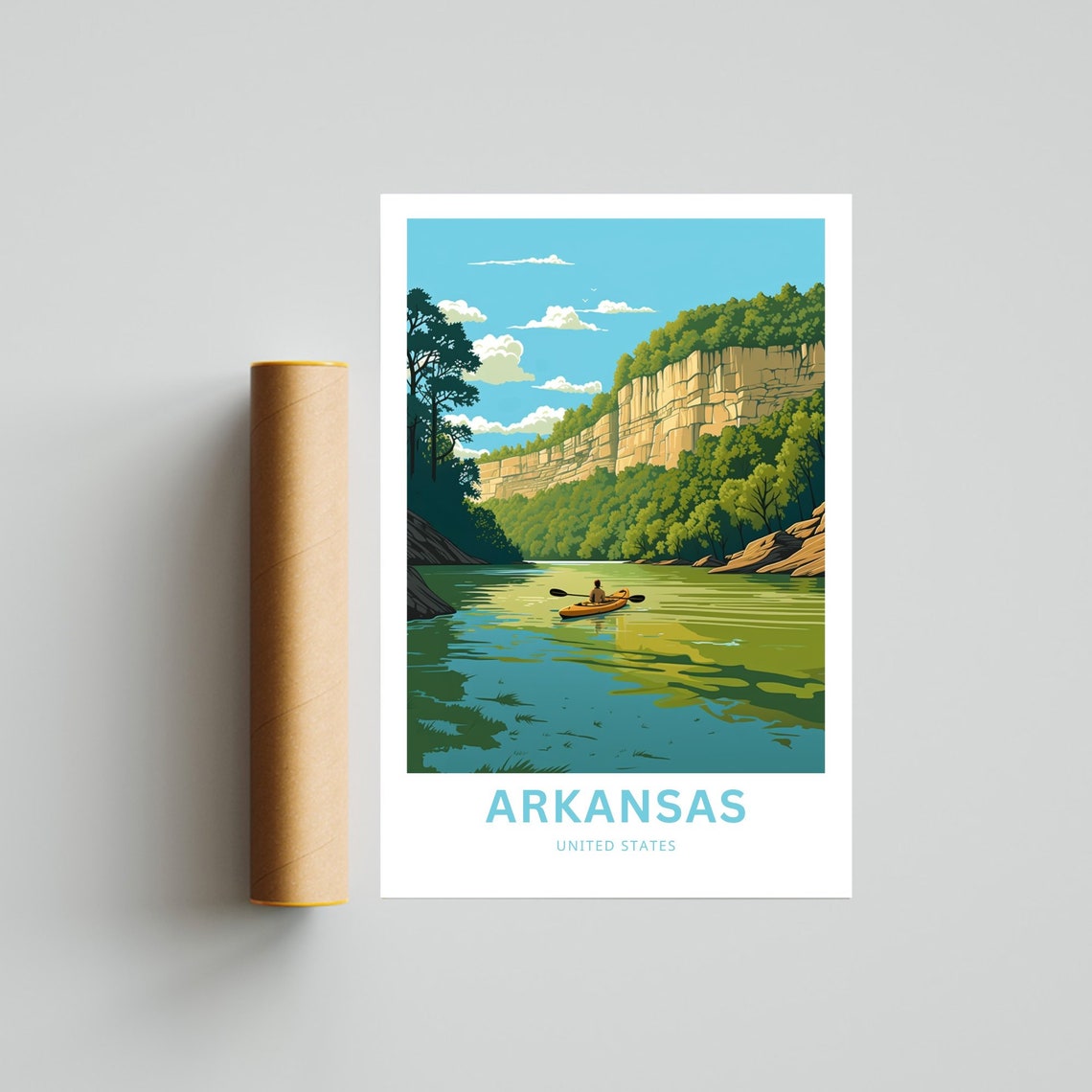 Arkansas Solo Kayaker on River Bluffs Calm Water Travel Poster - Image 4