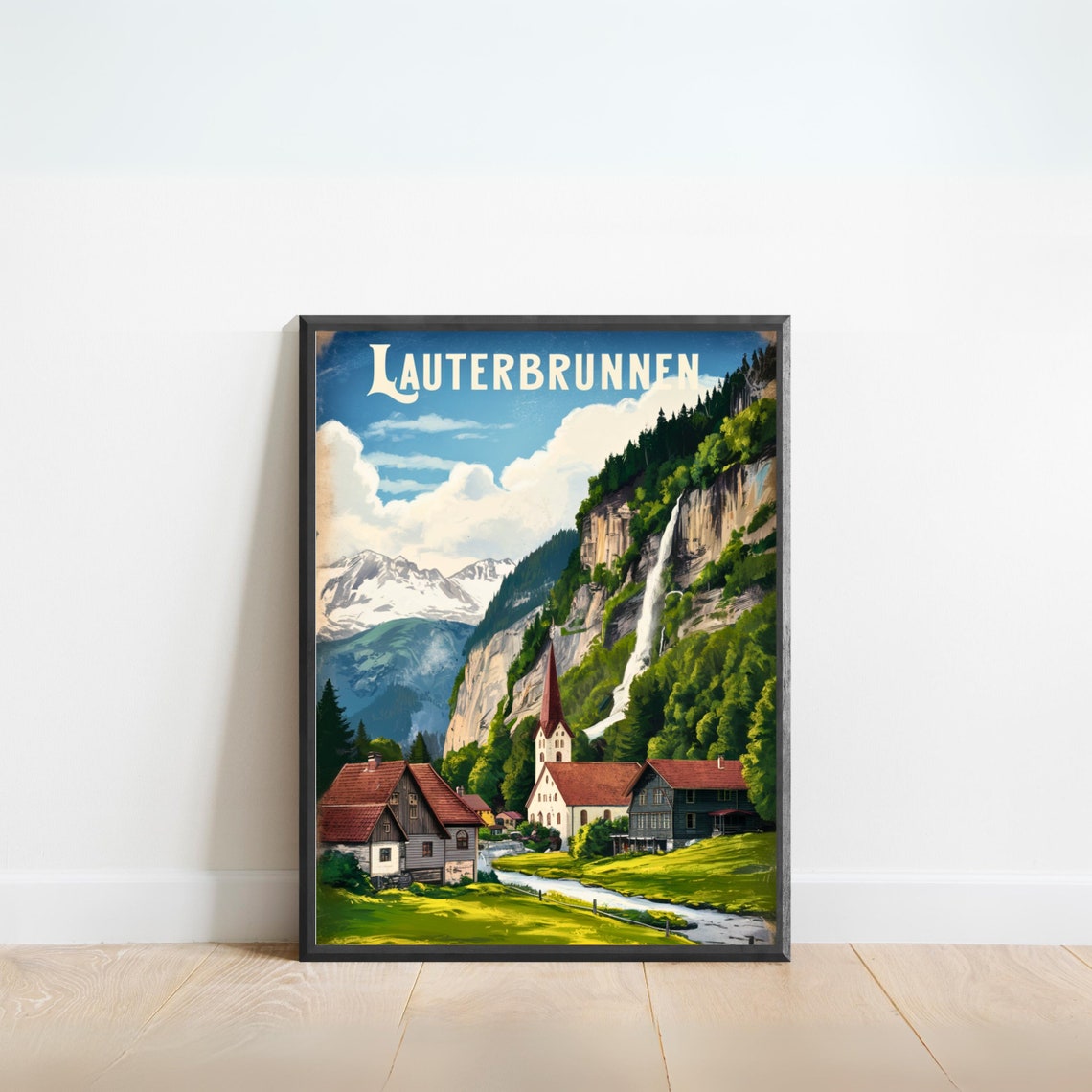 Lauterbrunnen Switzerland Vintage Waterfall Village Travel Poster