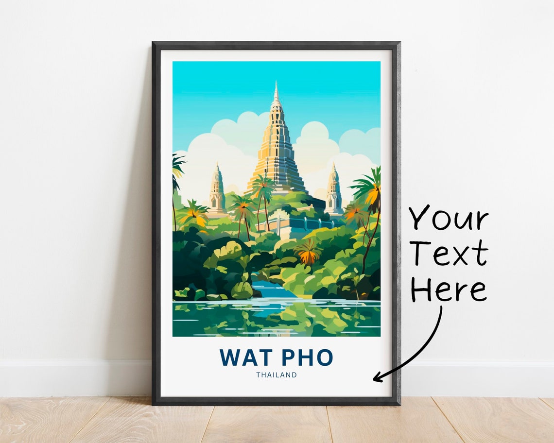 Wat Pho Thailand Golden Chedi River Palms Custom Travel Poster