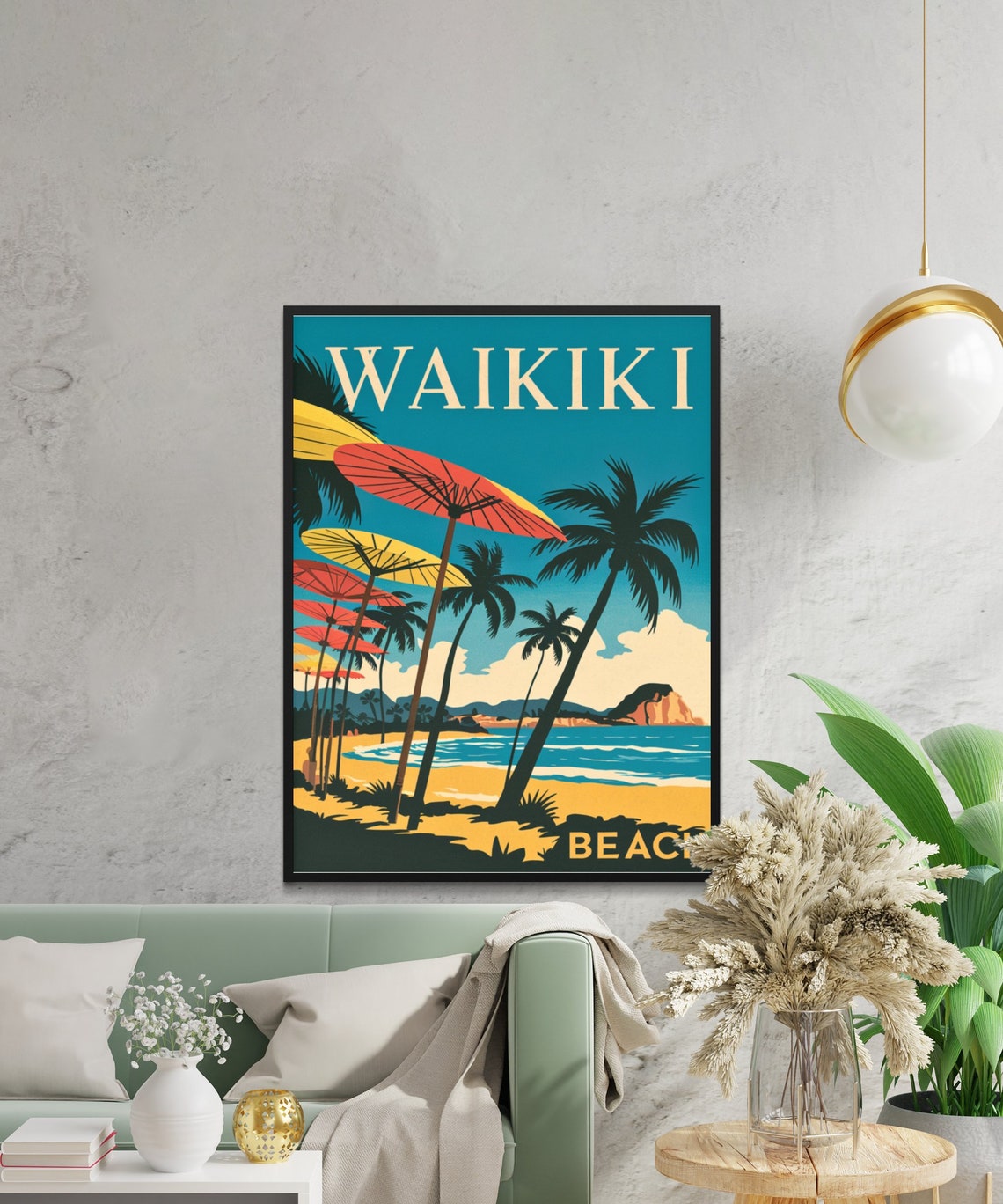 Waikiki Beach Hawaii Vintage Tropical Palm Umbrellas Paradise Poster - Image 3