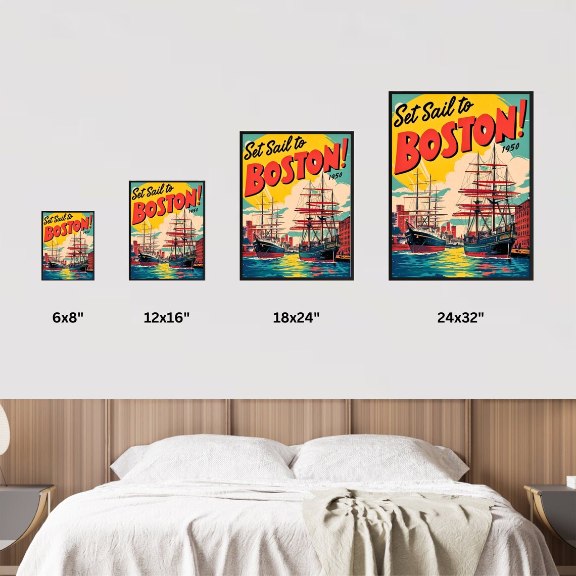 Set Sail to Boston 1950 Tall Ships Harbor Vintage Retro Travel Poster - Image 4