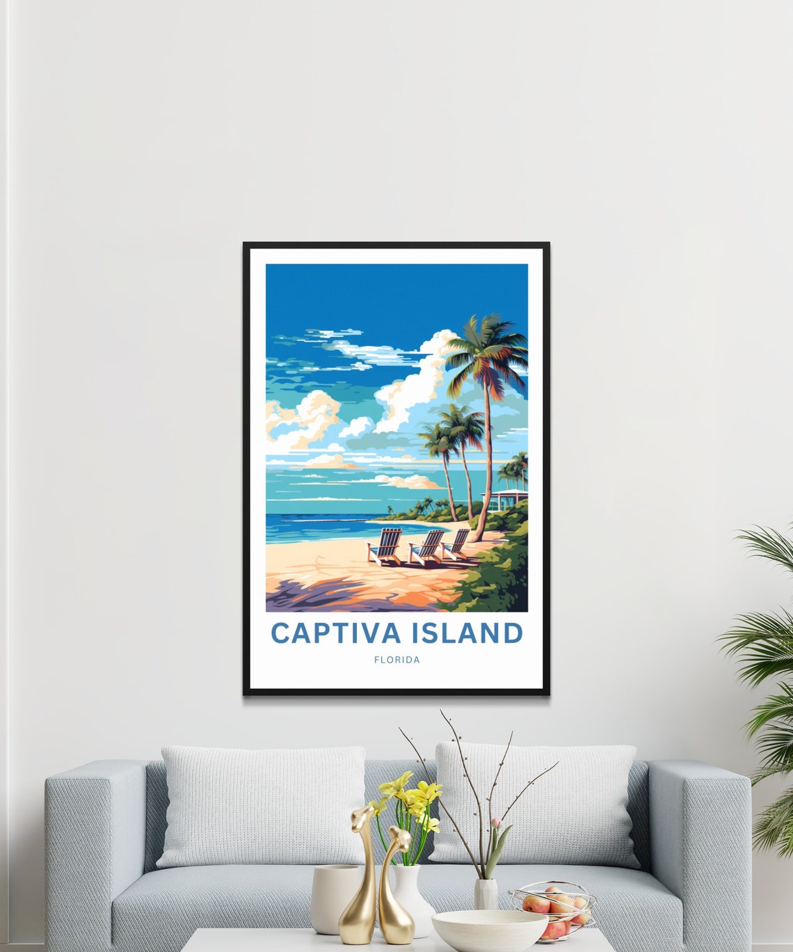 Captiva Island Florida Tropical Beach Lounge Chairs Palm Art Poster - Image 3