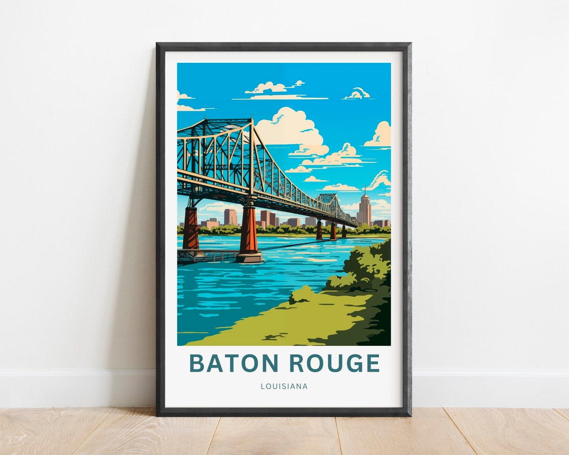 Baton Rouge Louisiana River Bridge Vintage Travel Poster Skyline Art