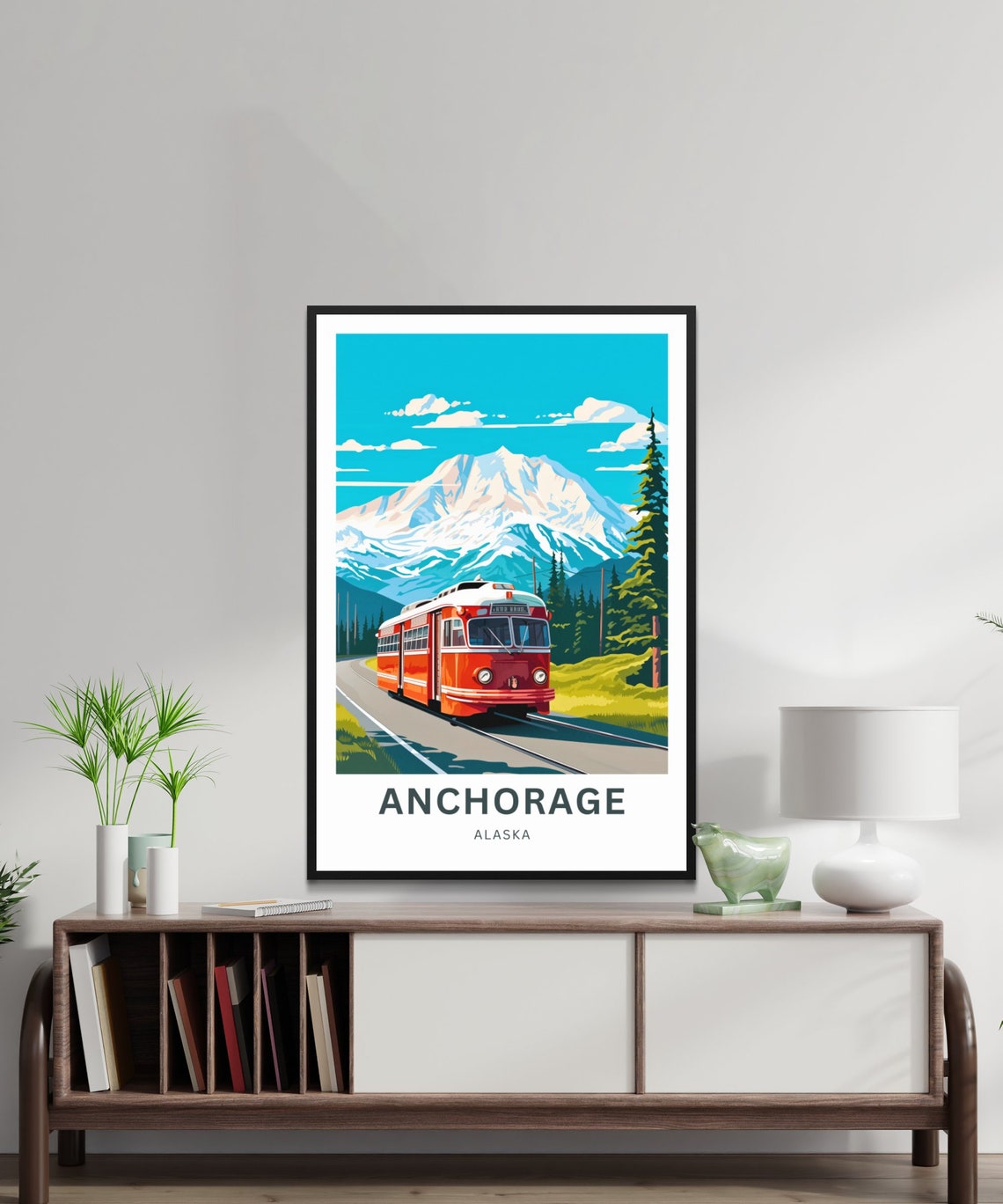 Anchorage Alaska Red Trolley Snow Mountain Vintage Travel Poster - Image 4