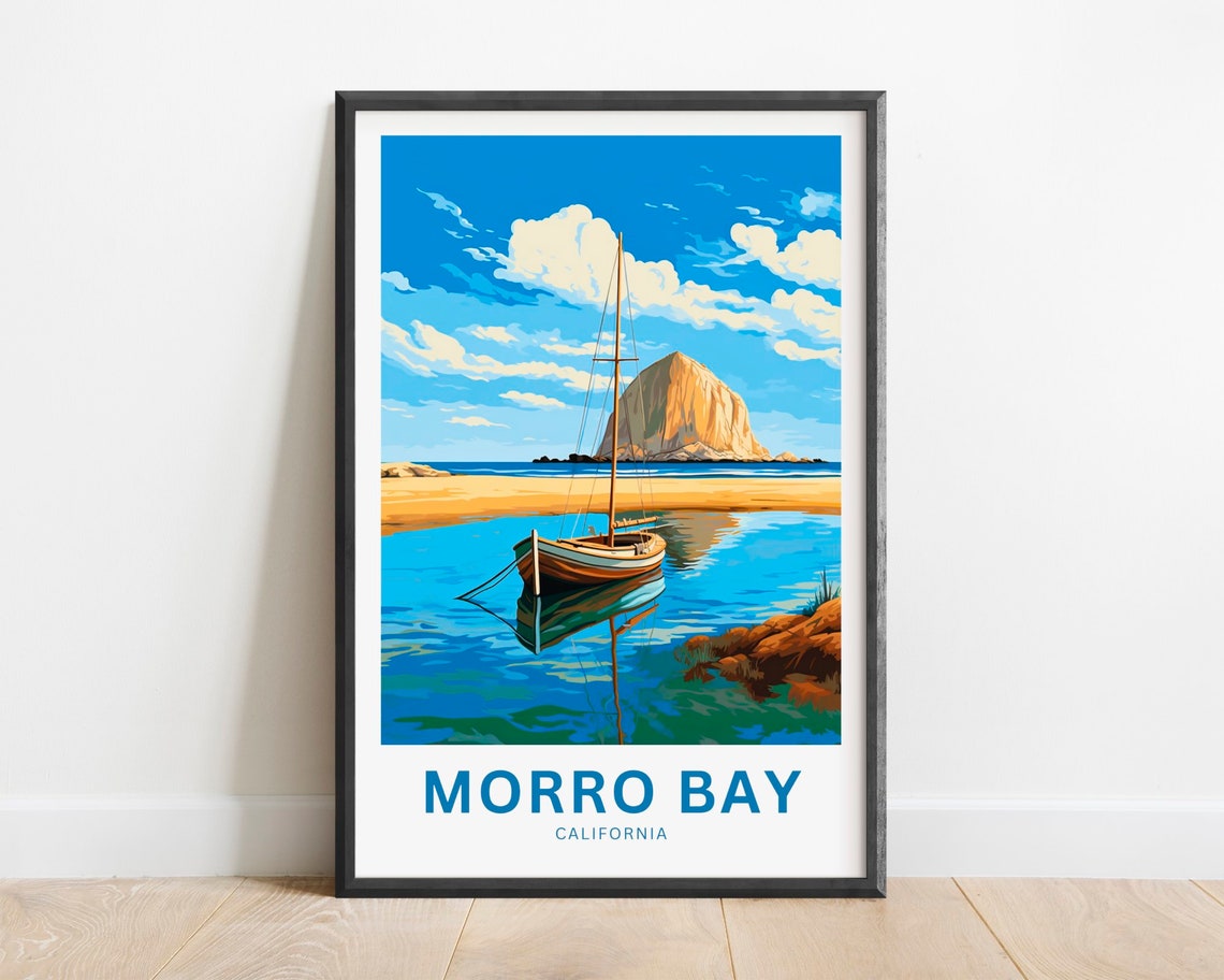 Morro Bay California Sailboat Rock Coastal Scene Travel Poster