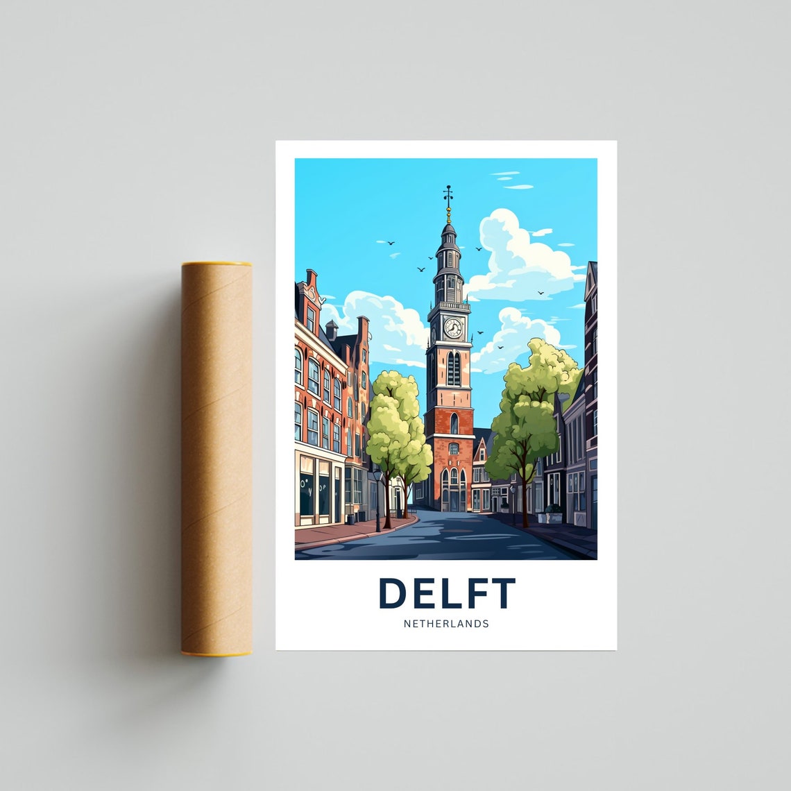 Personalized Delft Clock Tower Street Netherlands Illustrated Poster - Image 4