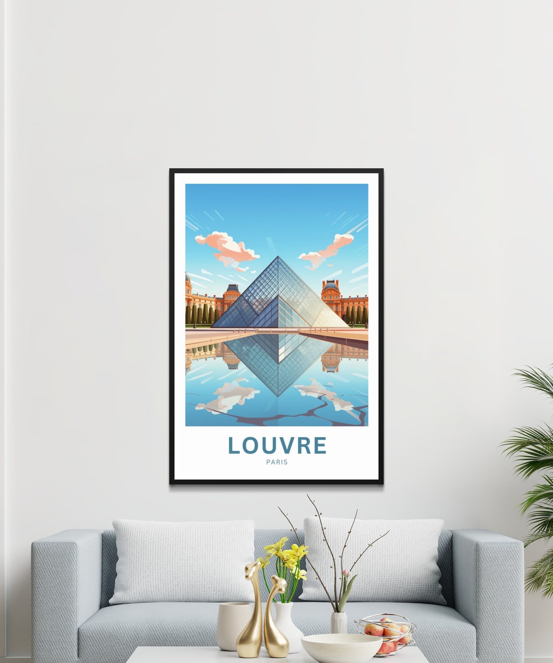 Louvre Paris Glass Pyramid Reflection Modern Vintage Travel Poster - Image 3