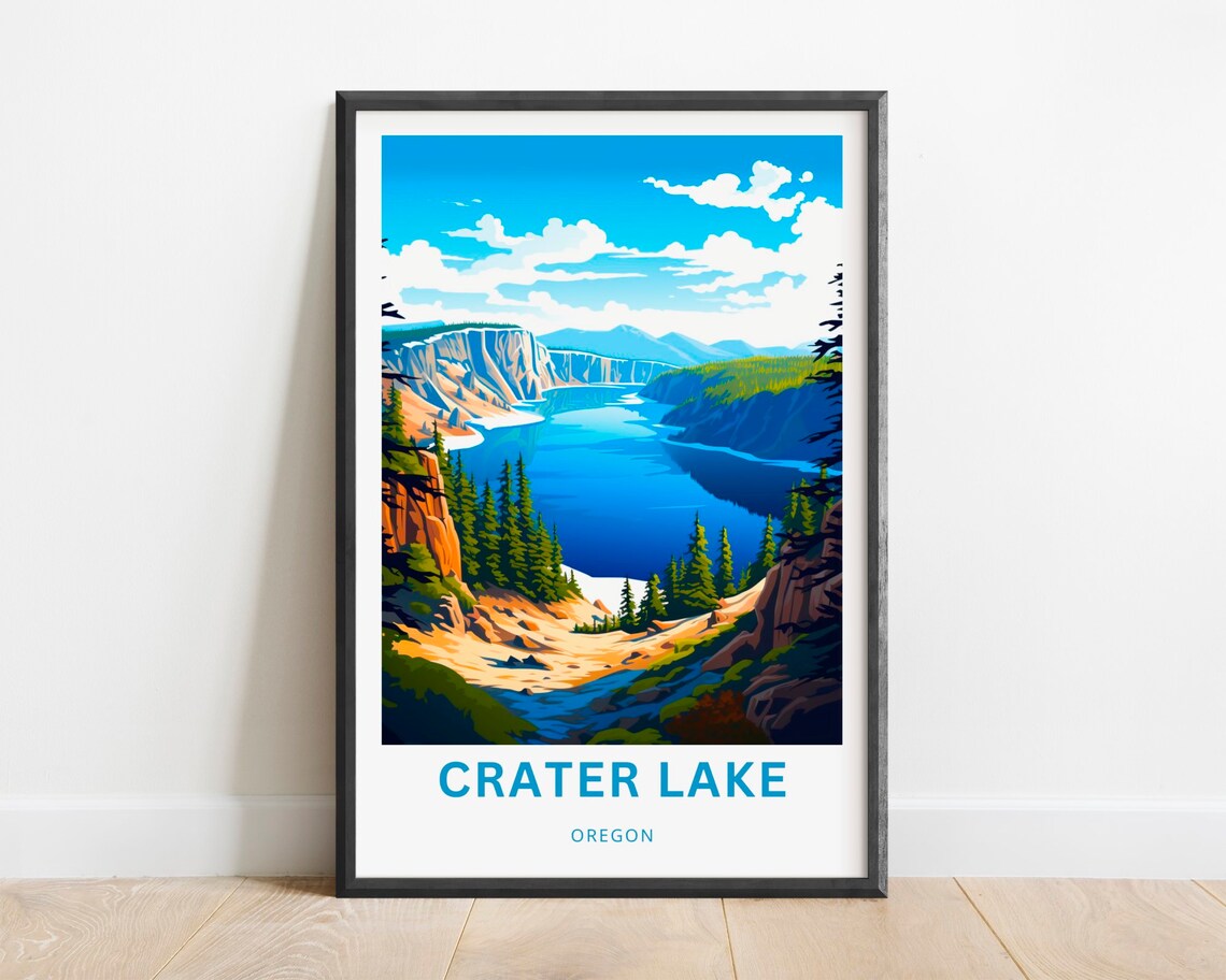 Crater Lake Travel Poster, Oregon Landscape Print