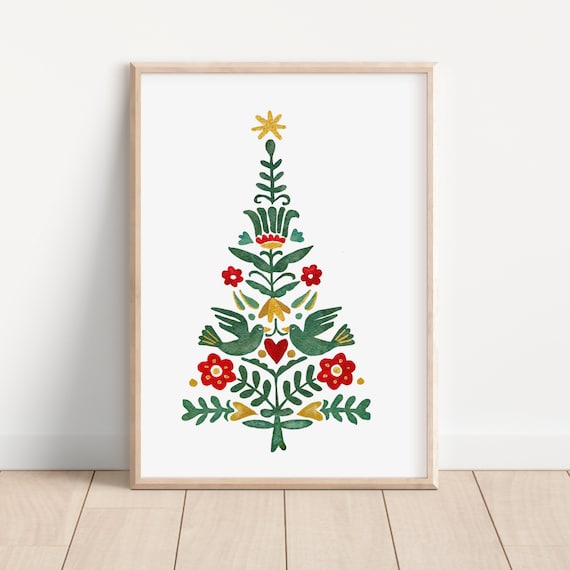 Scandinavian Folk Art Christmas Tree Watercolor Holiday Print