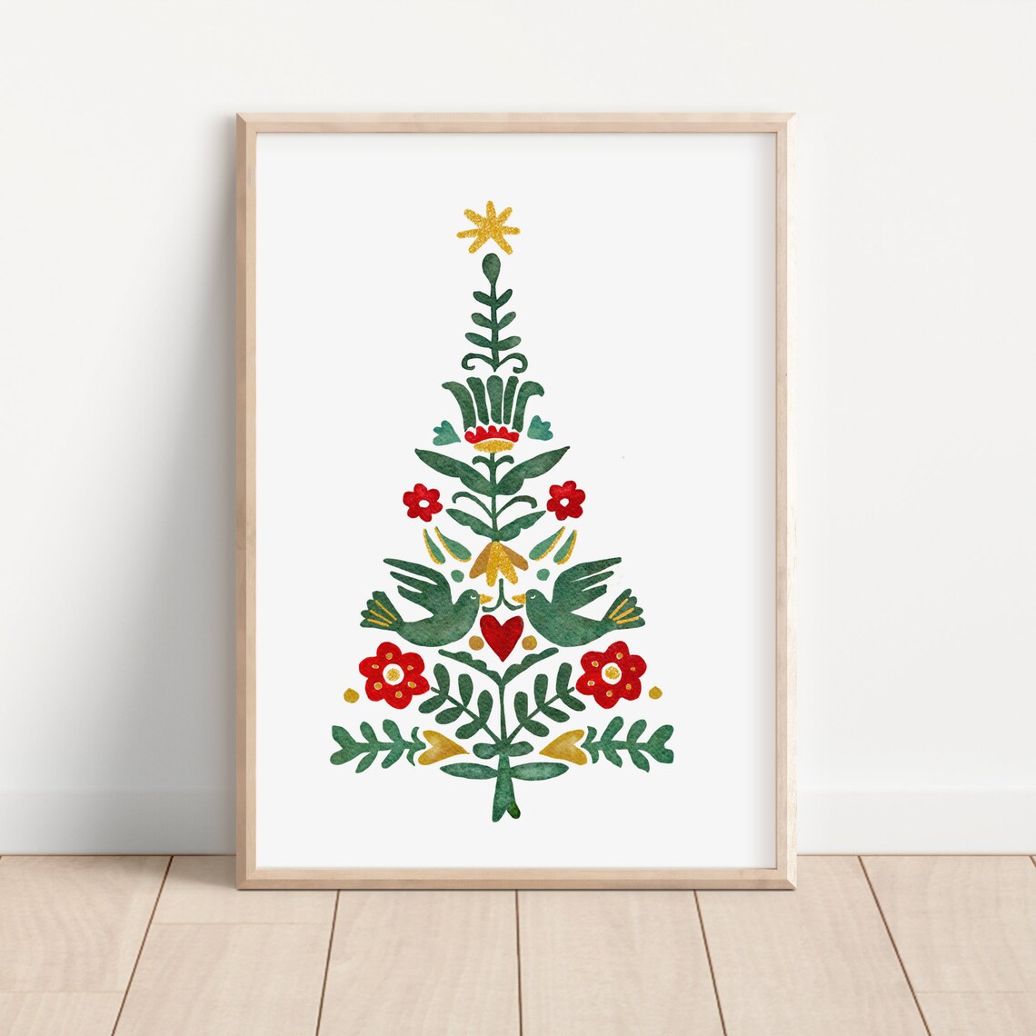 Scandinavian Folk Art Christmas Tree Watercolor Holiday Print