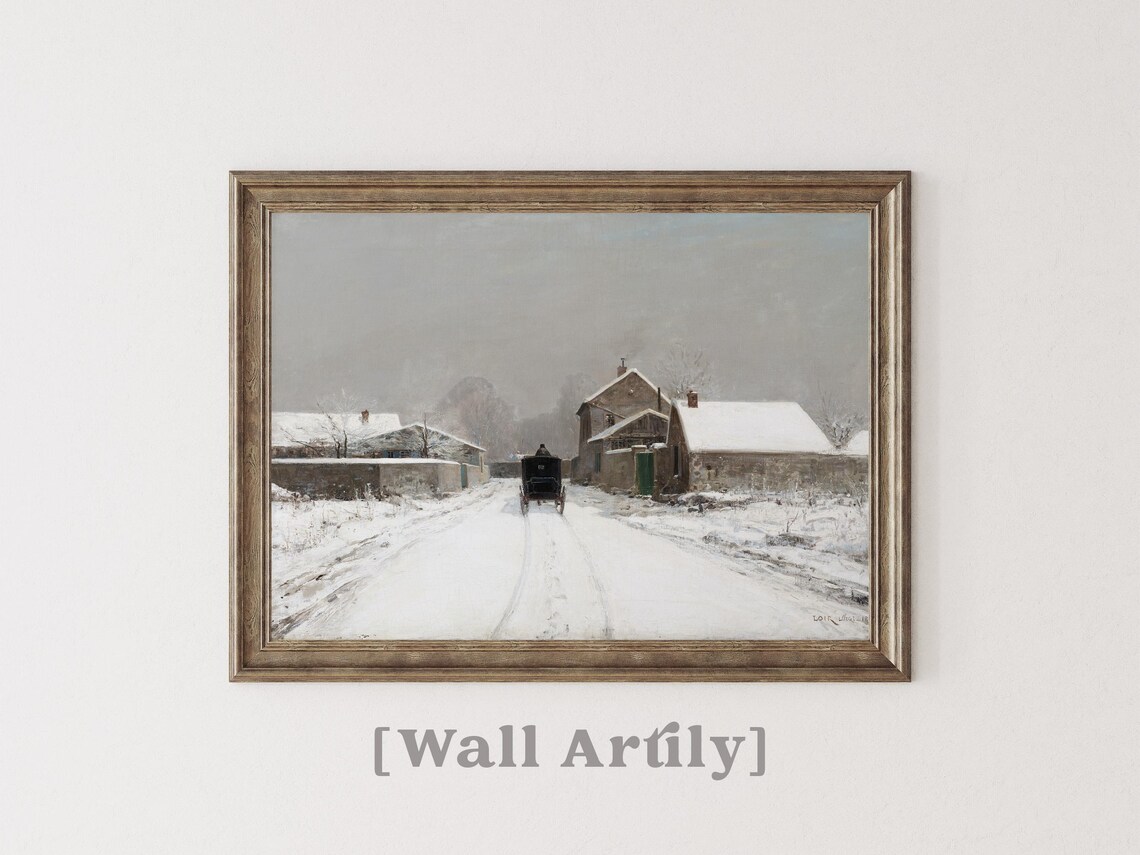 Horse Drawn Carriage On A Snowy Village Road Winter Painting Poster - Image 7