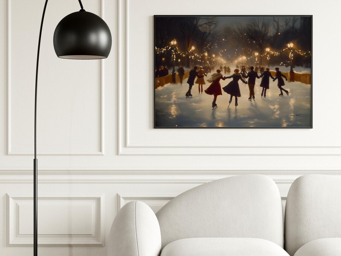 Vintage Couples Ice Skating On A Frozen Rink At Night Poster - Image 2