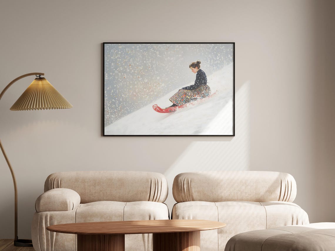 Woman Riding Red Toboggan Sled In Falling Snow Winter Art Poster - Image 4