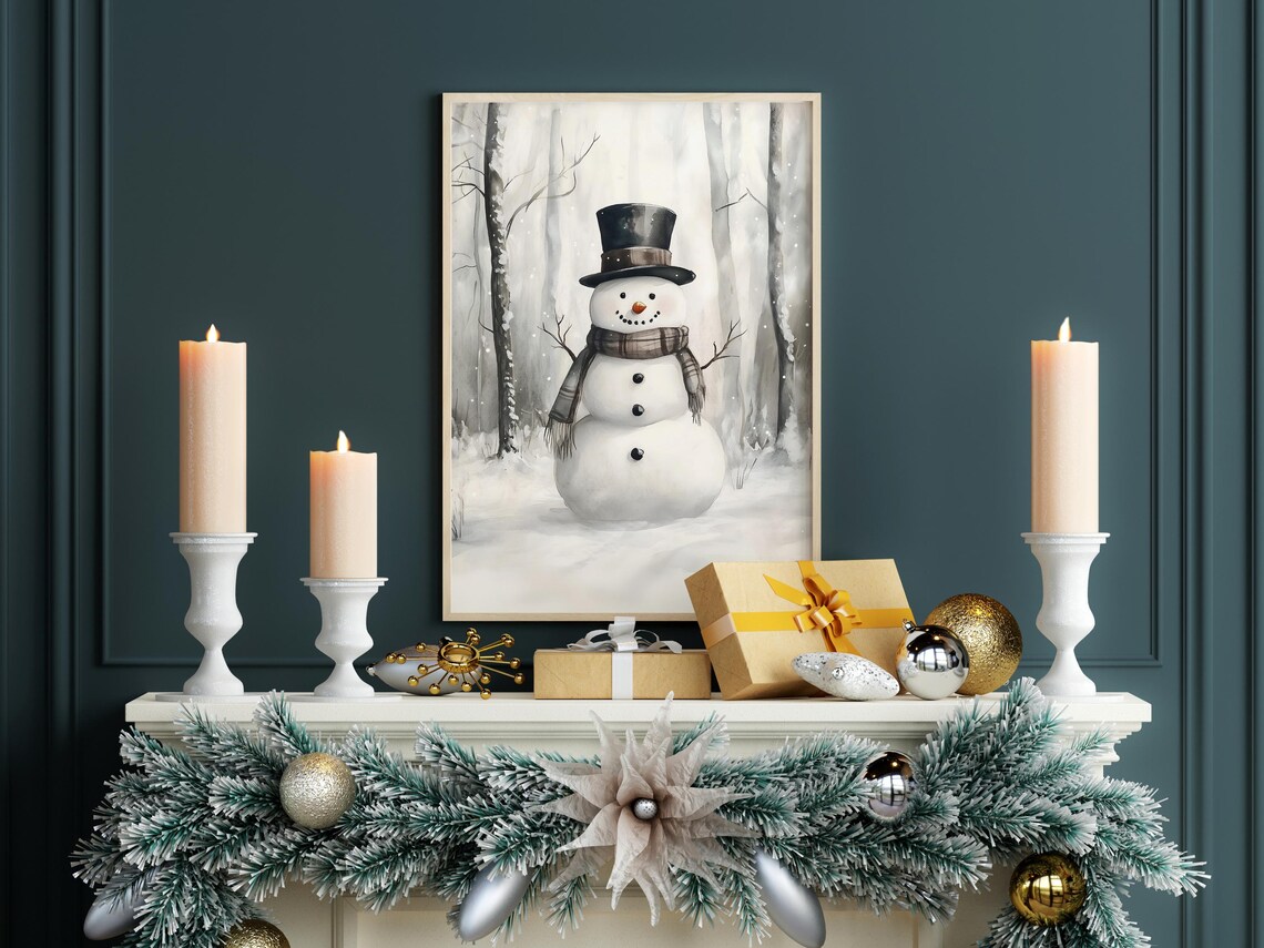Snowman In Birch Forest Winter Watercolor Holiday Art Poster - Image 7