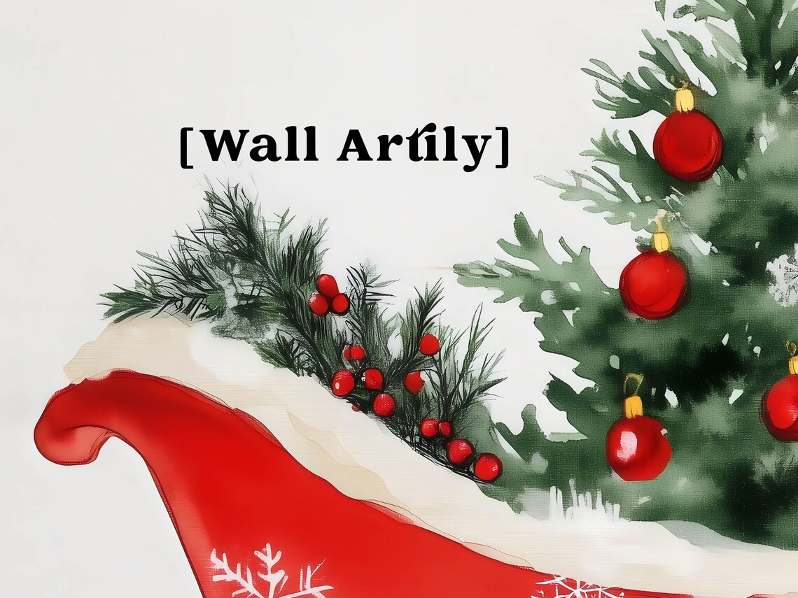 Red Watercolor Christmas Sleigh With Mini Tree And Ornaments Poster - Image 5