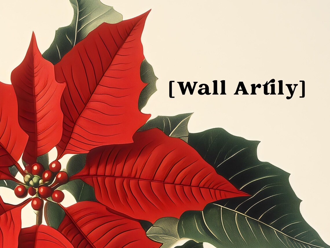 Vintage Red Poinsettia Christmas Holiday Botanical Art Print