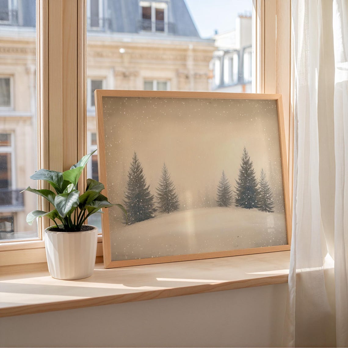 Minimal Snowy Pines In Falling Snow Warm Winter Scene Poster - Image 7