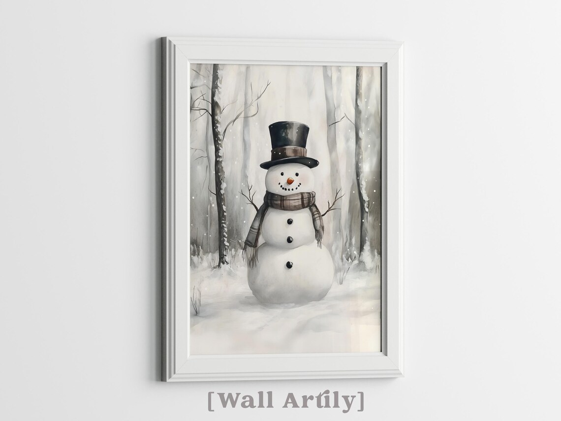 Snowman In Birch Forest Winter Watercolor Holiday Art Poster - Image 4