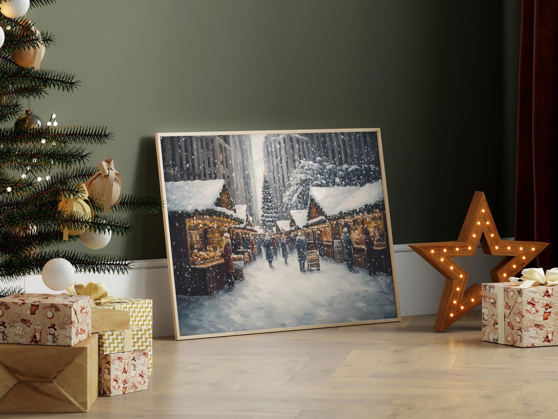 Snowy Christmas Market Street With Stalls And Shoppers Poster - Image 6