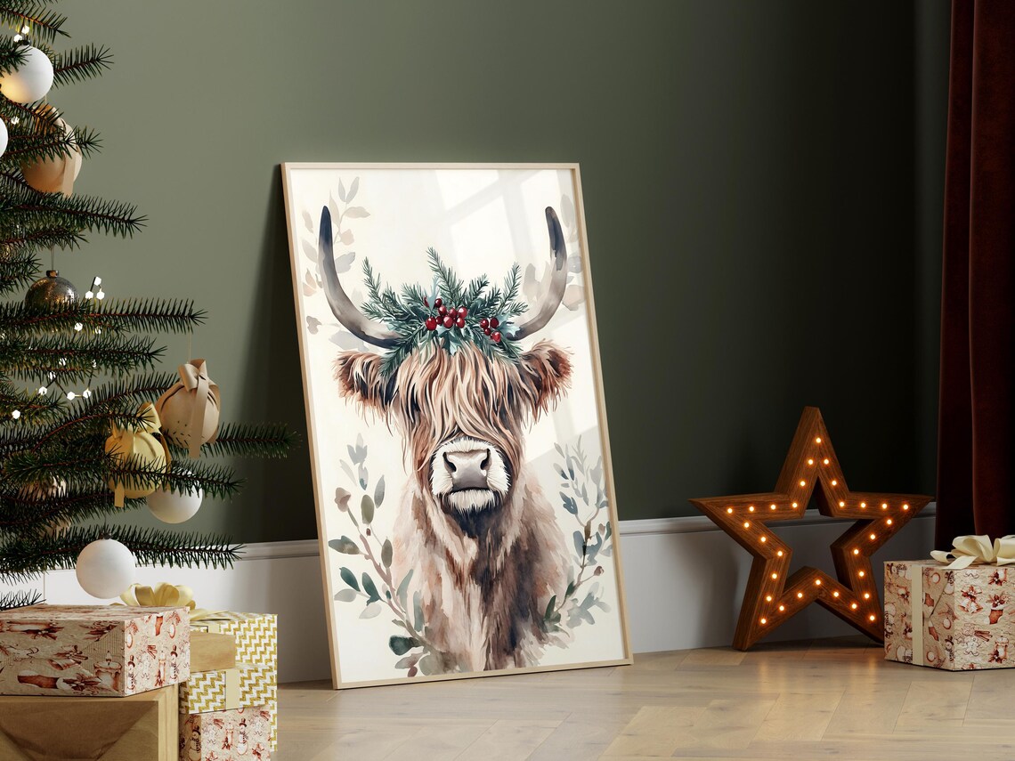 Highland Cow Mistletoe Crown Watercolor Christmas Animal Poster - Image 3